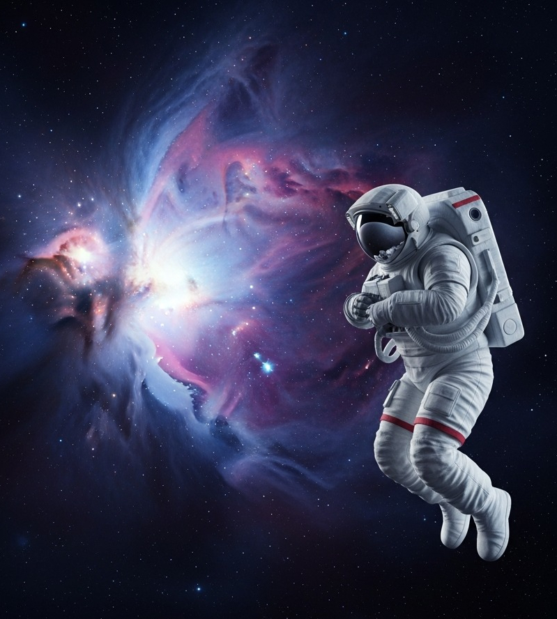 Dramatic view of a distant galaxy with swirling purple and blue nebulae, conveying the feeling of being lost in vastness